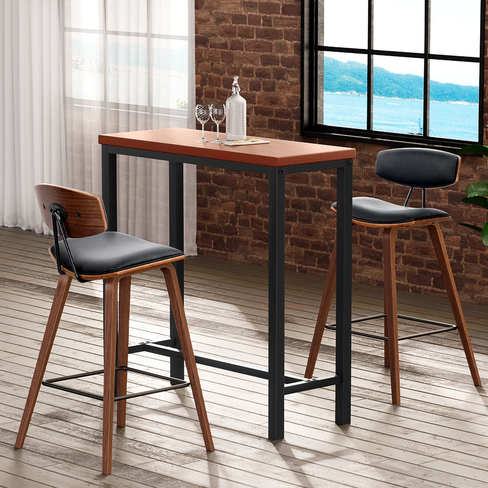 wood top bar table and two stools with leather accents