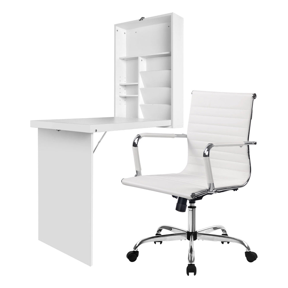 Image of artiss computer desk office chair set pu leather wall mount foldable table white versatile for both home and professional use