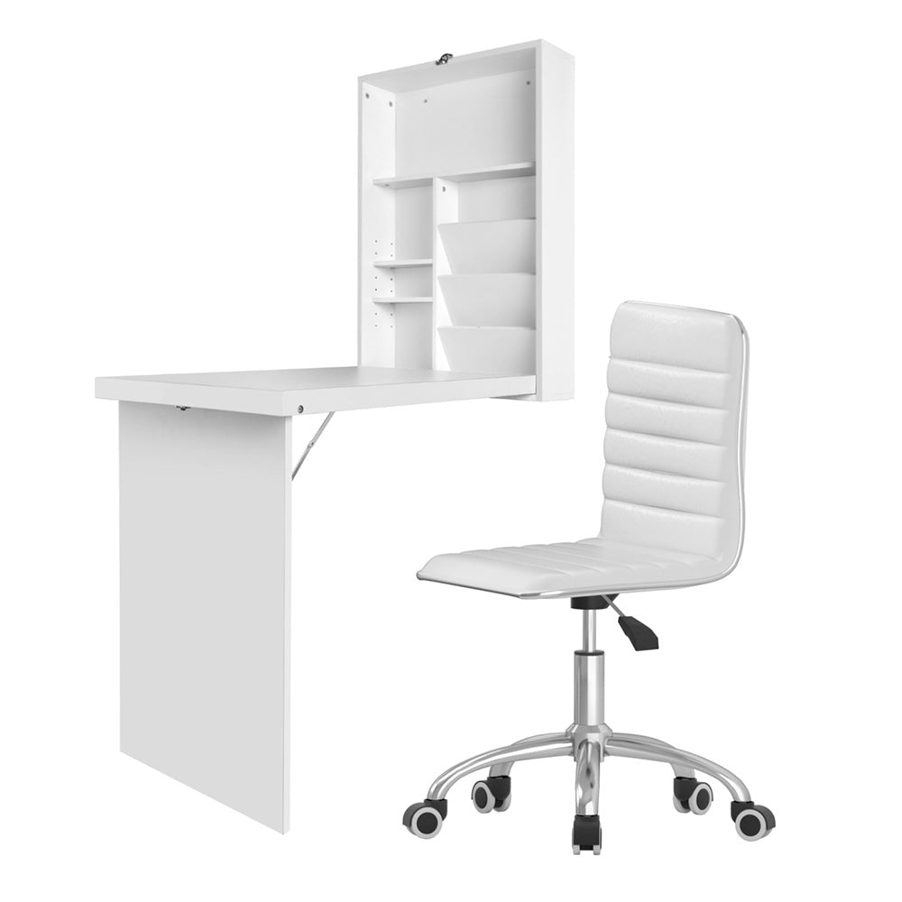 Image of artiss computer desk office chair set pu leather wall mount foldable table white versatile for both home and professional use