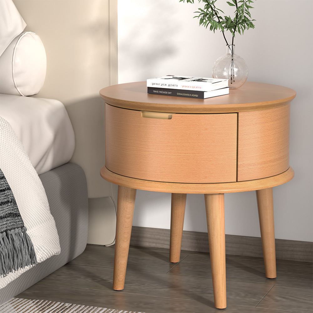 Image of artiss bedside table drawers curved side end table storage nightstand oak enzo ideal for luxury casual home interiors
