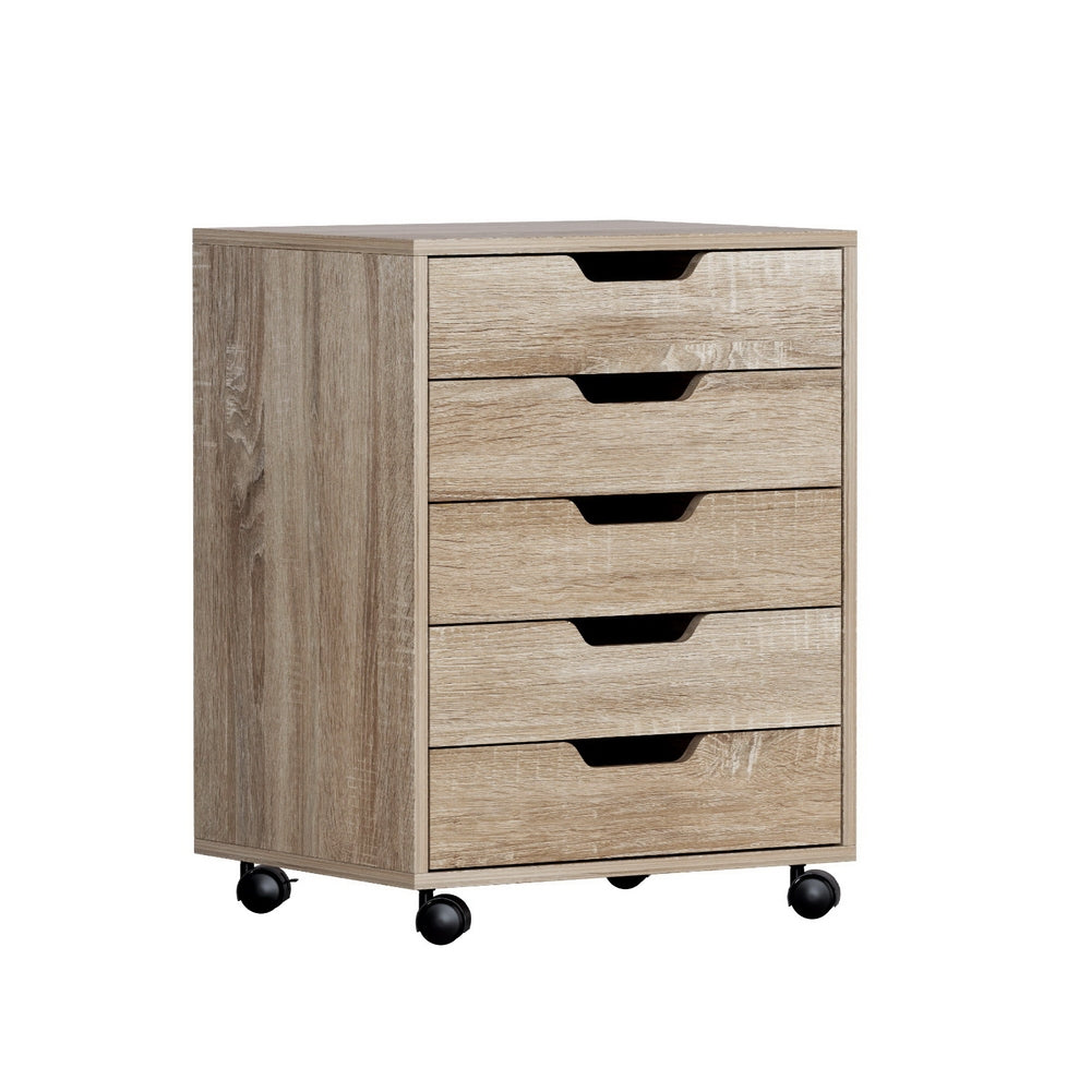 Image of artiss 5-drawer filing cabinet mobile rolling storage cabinet chest of drawers stand scratch beige suitable for aged care, corporate offices, and commercial settings