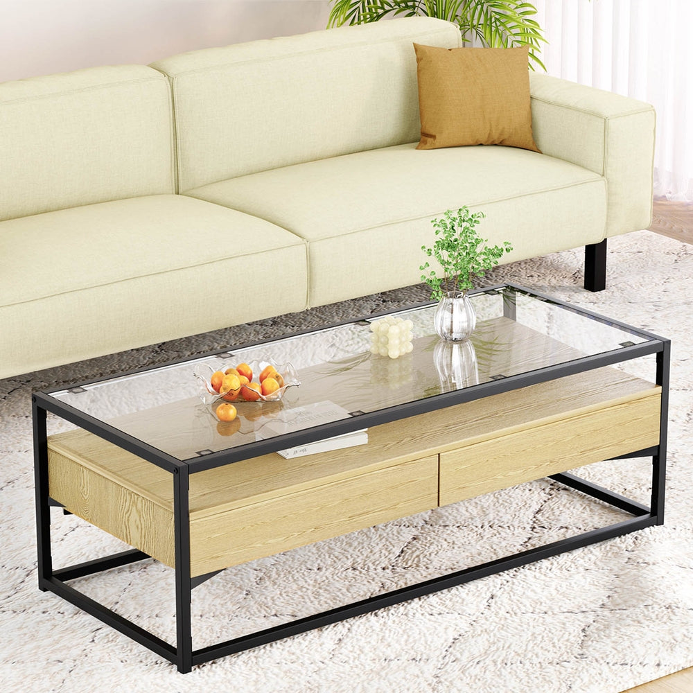 Image of artiss coffee table 2 drawers glass tabletop pine available at The Epic Shop