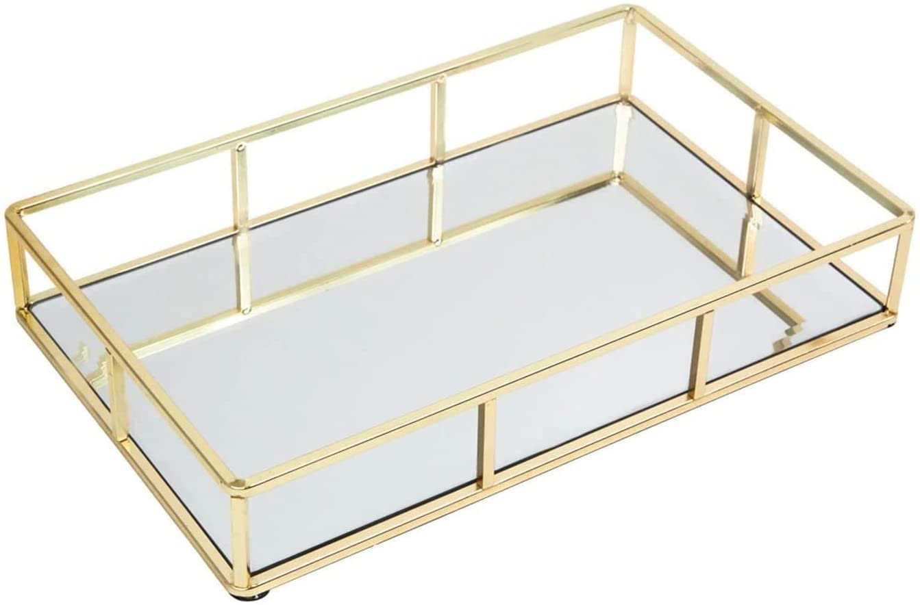 Image of tray gold mirror decorative for storage jewelry and makeup accessories  ideal for luxury casual home interiors