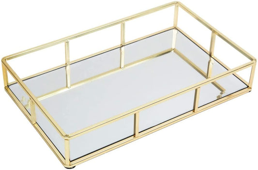 Image of tray gold mirror decorative for storage jewelry and makeup accessories  ideal for luxury casual home interiors
