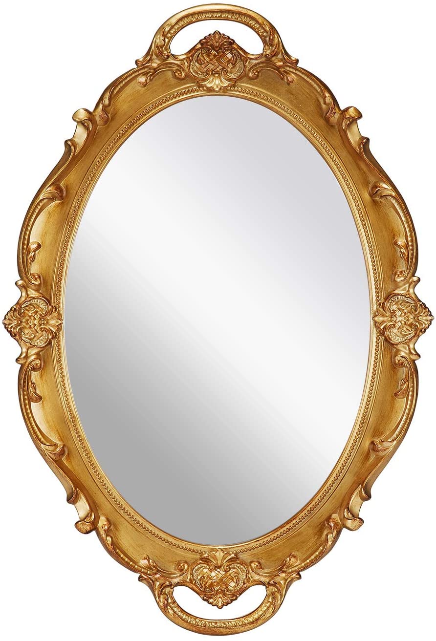 Image of oval antique gold 25 x 38 cm vintage carved hanging wall mirror for bedroom and living-room versatile for both home and professional use