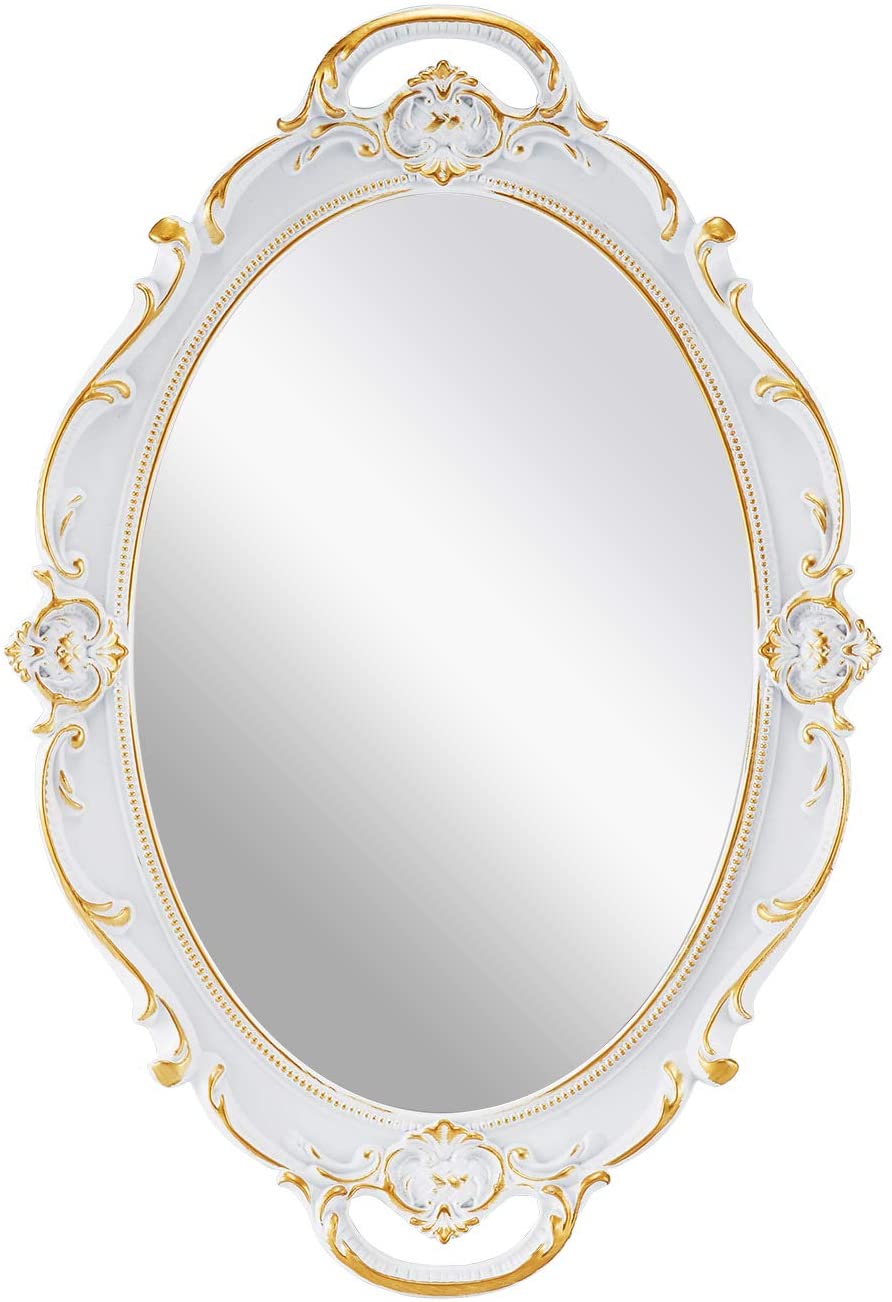 Image of oval antique white 25 x 38 cm vintage carved hanging wall mirror for bedroom and living-room versatile for both home and professional use