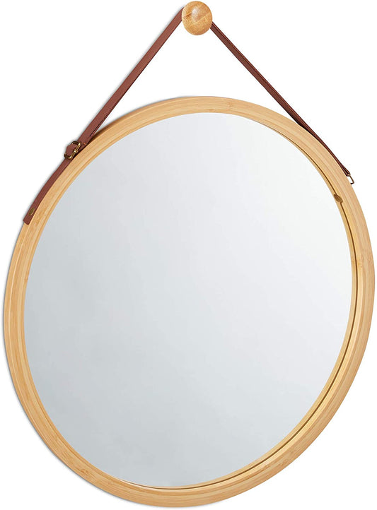 Image of hanging round wall mirror 38 cm - solid bamboo frame and adjustable leather strap for bathroom and bedroom  ideal for luxury casual home interiors