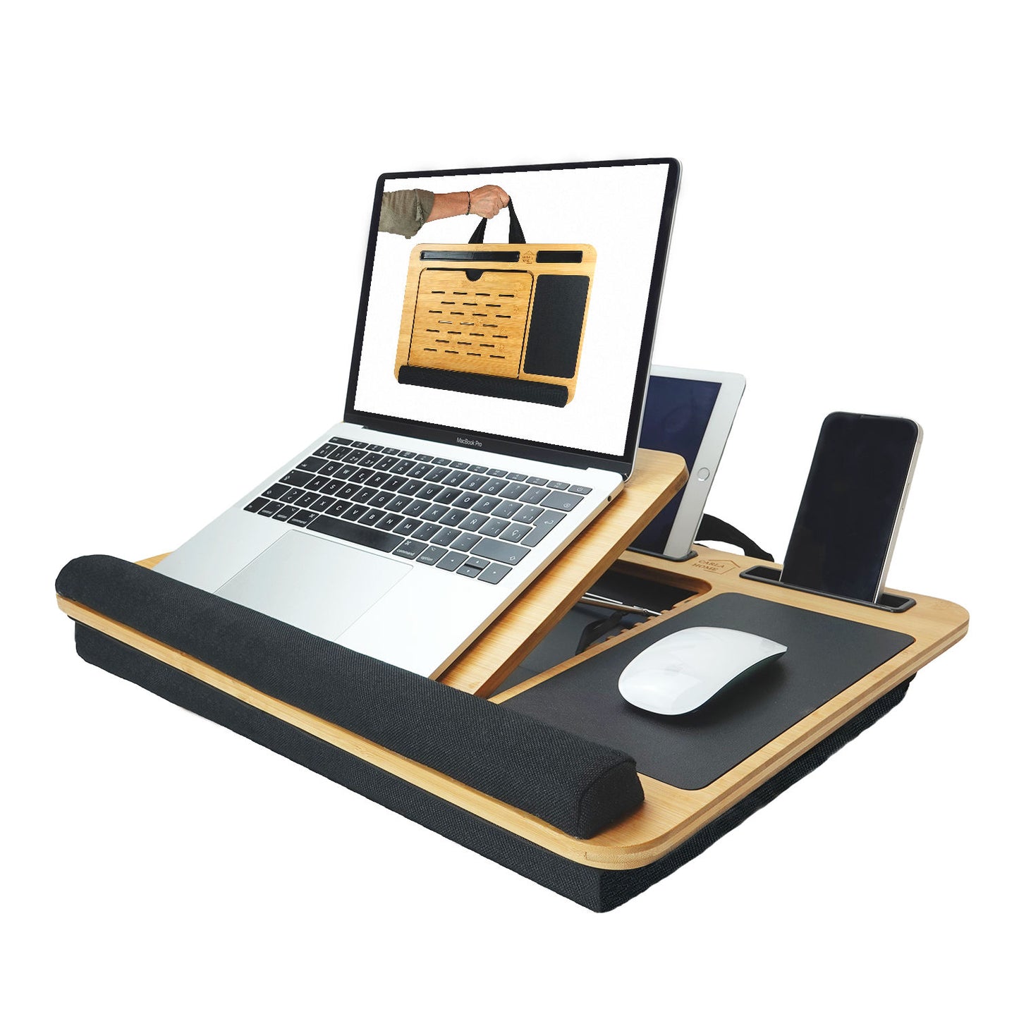 Image of carla home bamboo laptop lap desk with cushion and angle adjustable for office and home versatile for both home and professional use