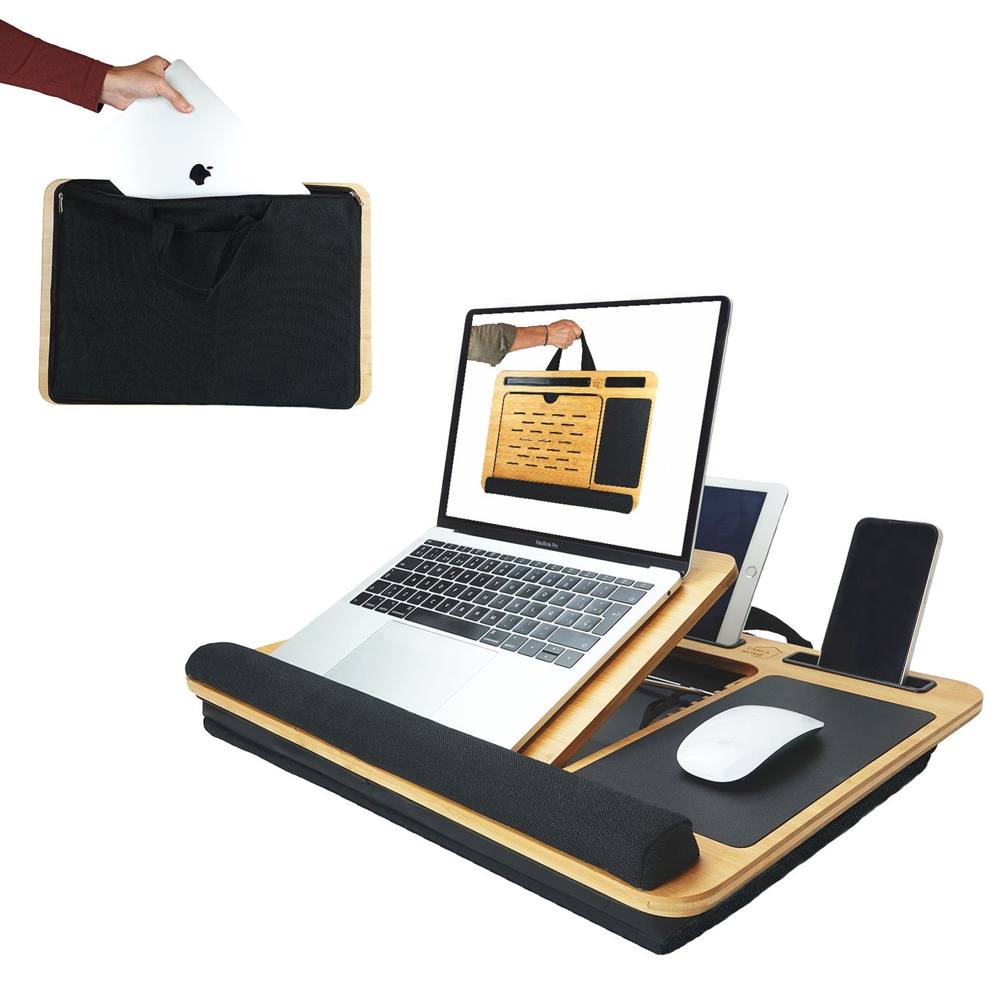 Image of carla home bamboo laptop lap desk with cushion, angle adjustable and sleeve case bag for office and home versatile for both home and professional use