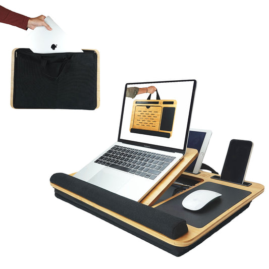 Image of carla home bamboo laptop lap desk with cushion, angle adjustable and sleeve case bag for office and home  versatile for both home and professional use