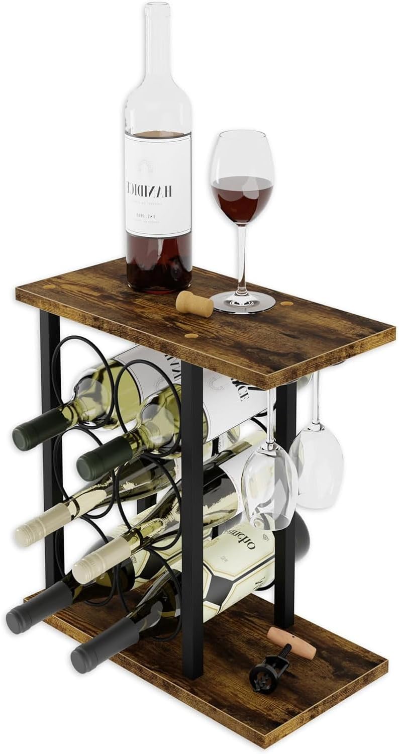 Image of wine rack countertop wooden & metal holder for 6 bottles & 2 glasses ideal for luxury casual home interiors
