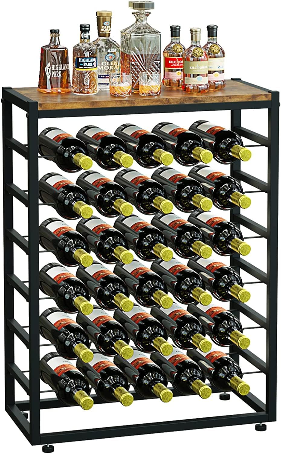 Image of 6-tier freestanding wine rack for 30 bottles with wood countertop and sturdy metal frame ideal for luxury casual home interiors