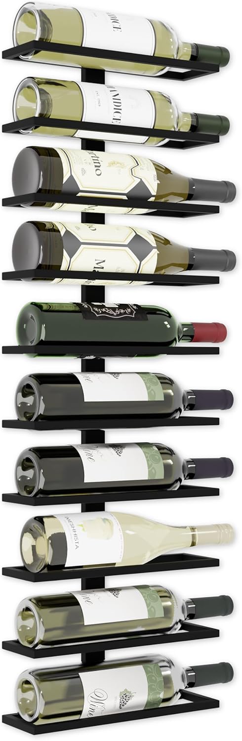 Image of metal wall mount wine rack for wine bottles, liquor, champagne (holds 10 bottles) ideal for luxury casual home interiors