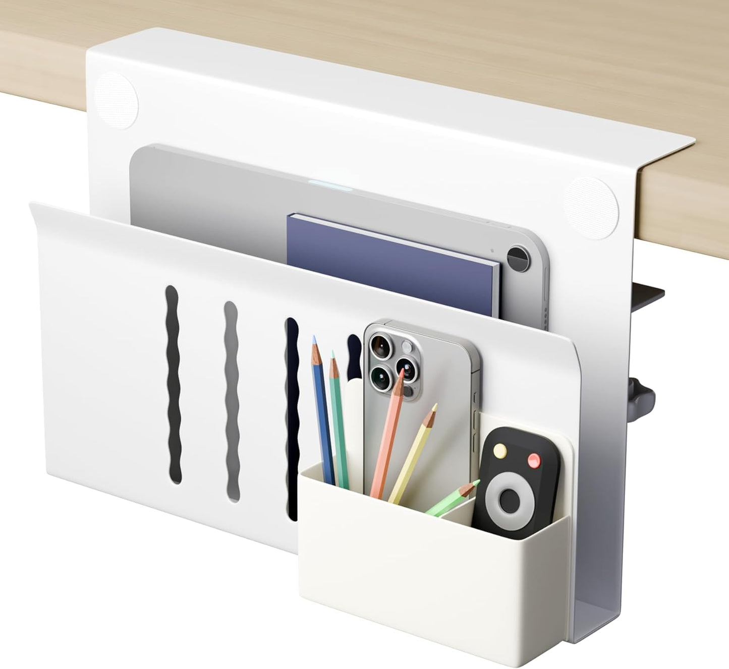 Image of under desk side laptop holder storage with no drill cable management tray and pen storage for office and home  versatile for both home and professional use