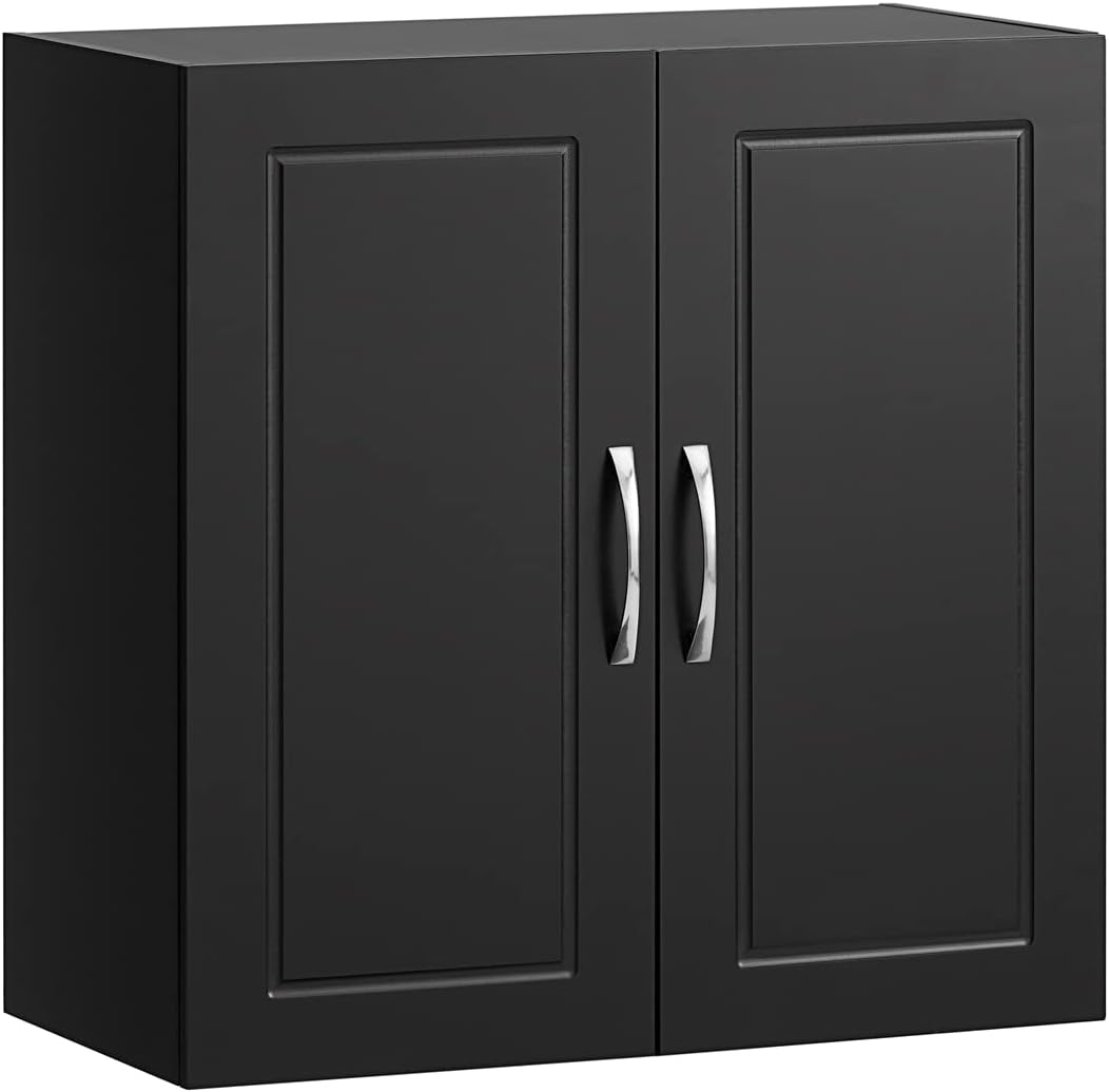 Image of wall storage cabinet double doors, black suitable for aged care, corporate offices, and commercial settings