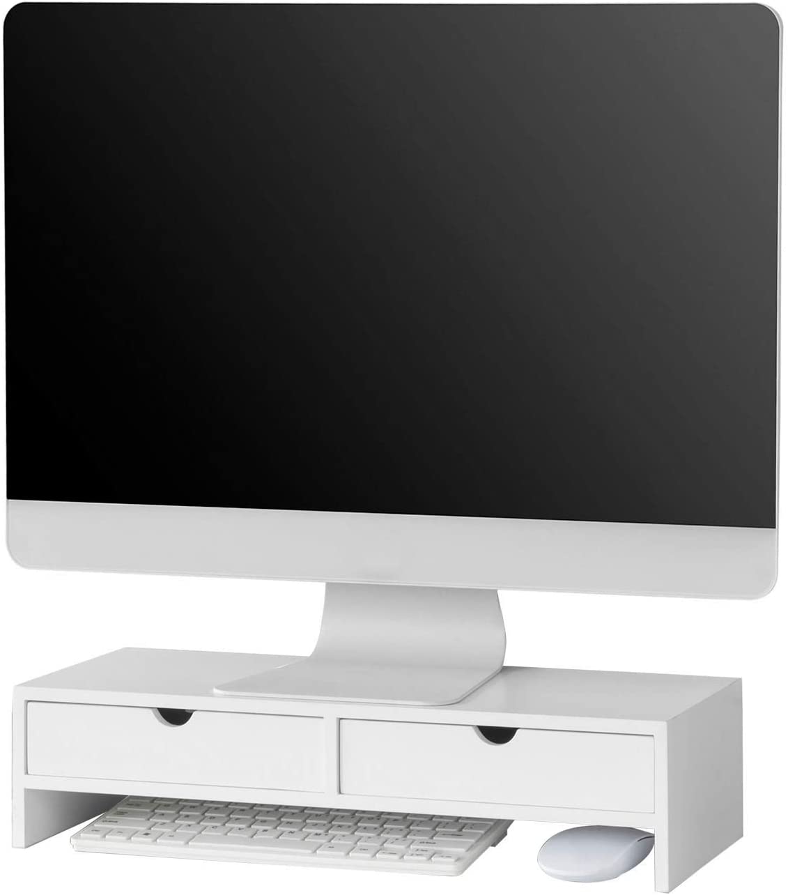 Image of white monitor stand desk organizer with 2 drawers suitable for aged care, corporate offices, and commercial settings