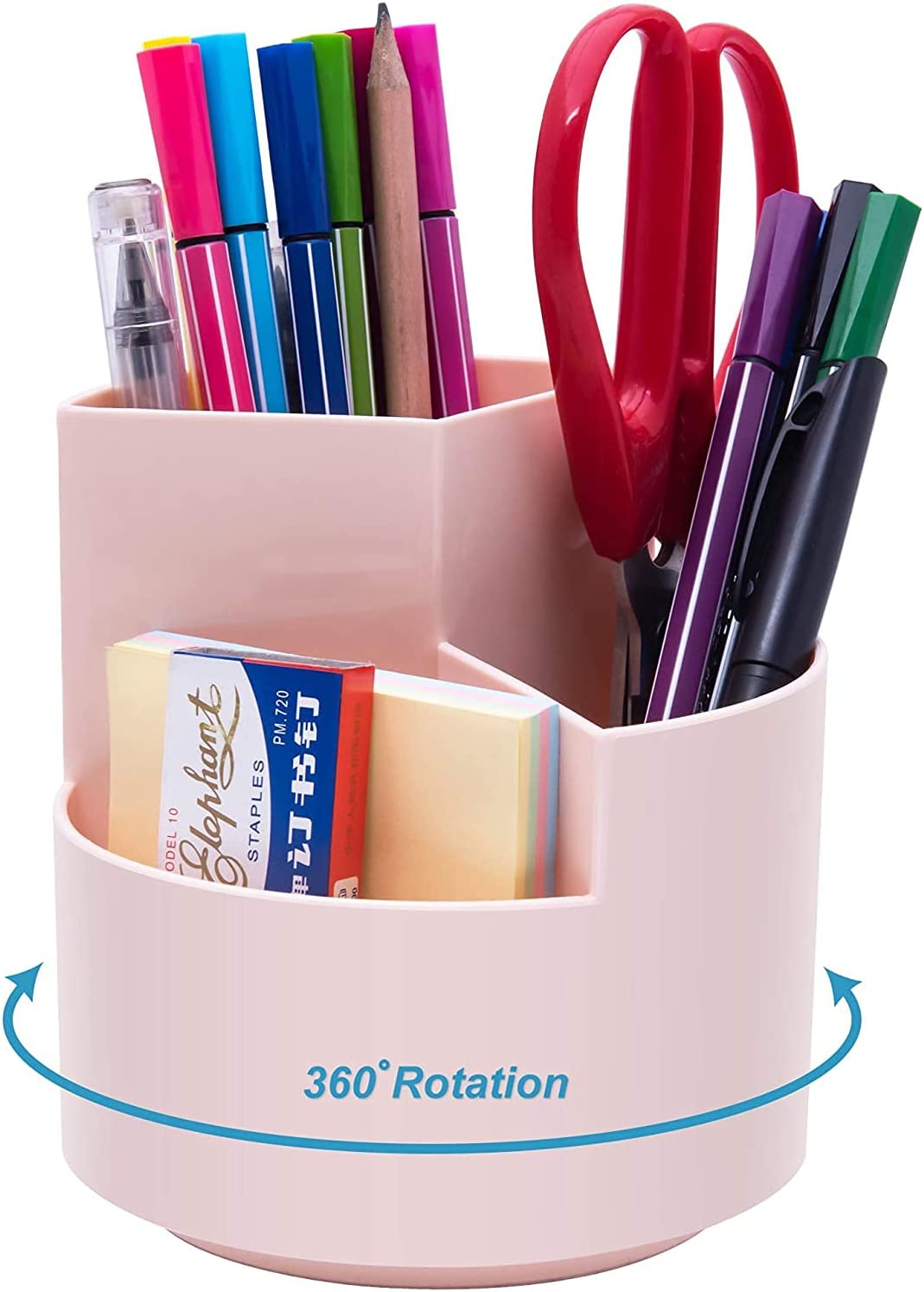 Image of 360 degree rotating multi-functional pen holder with 3 separate layer for office desk organiser (pink) suitable for aged care, corporate offices, and commercial settings