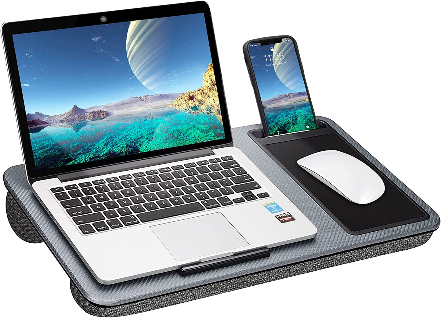 Image of portable laptop desk with device ledge, mouse pad and phone holder for home office (silver, 40cm) versatile for both home and professional use