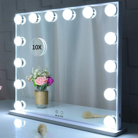 Image of hollywood makeup vanity mirror with led lights and detachable 10x magnification mirror (white, 62 x 51 cm)  available at The Epic Shop