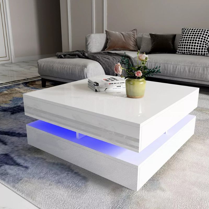 Image of modern large high gloss coffee table with led lights white ideal for luxury casual home interiors