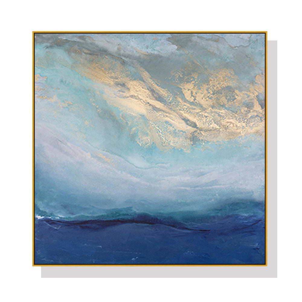 Image of wall art 70cmx70cm abstract gold blue square size gold frame canvas ideal for luxury casual home interiors