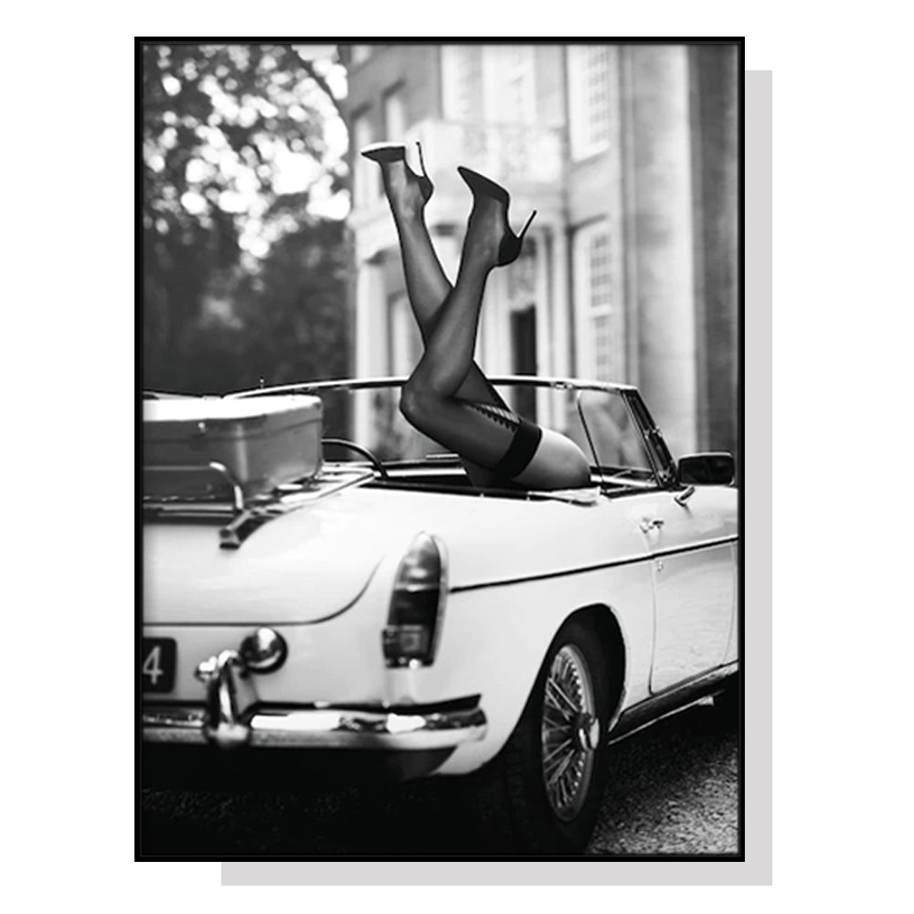 Image of wall art 70cmx100cm high heels in classic car black frame canvas ideal for luxury casual home interiors