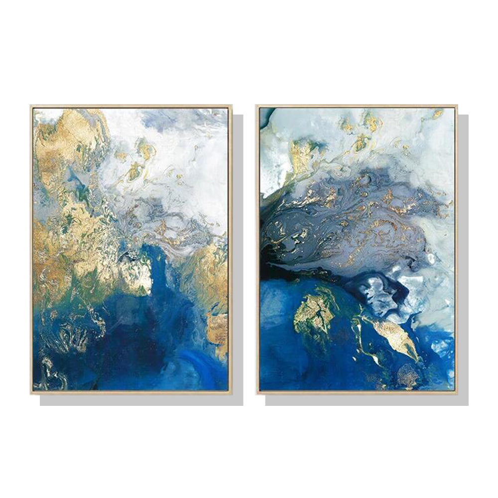 Image of wall art 80cmx120cm marbled blue and gold 2 sets gold frame canvas ideal for luxury casual home interiors
