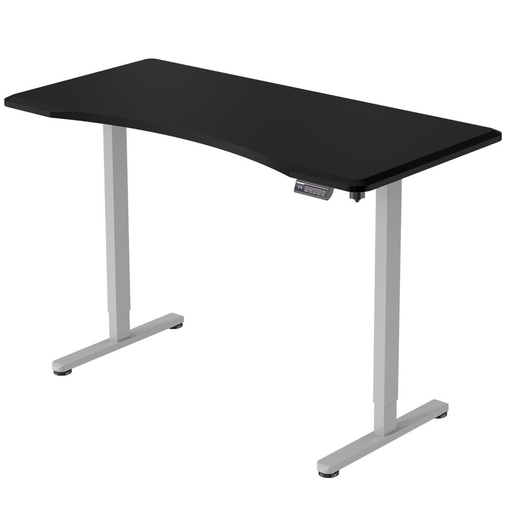 Image of fortia sit to stand up standing desk, 150x75cm, 72-118cm electric height adjustable, ergonomically curved edge, 50kg rated, black/silver frame suitable for aged care, corporate offices, and commercial settings