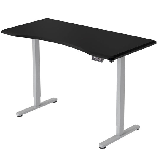 Image of fortia sit to stand up standing desk, 150x75cm, 72-118cm electric height adjustable, ergonomically curved edge, 50kg rated, black/silver frame  suitable for aged care, corporate offices, and commercial settings