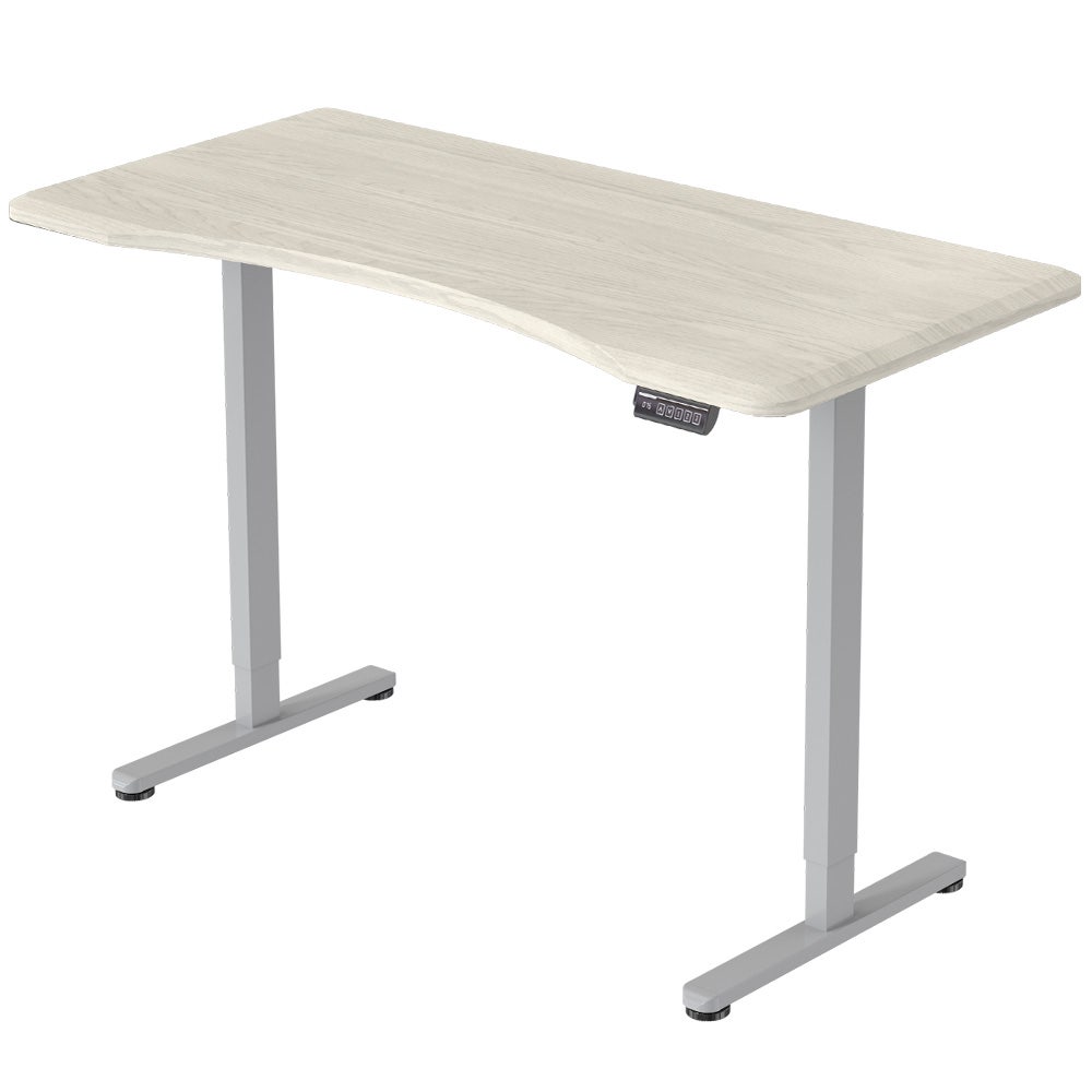 Image of fortia sit to stand up standing desk, 150x75cm, 72-118cm electric height adjustable, ergonomically curved edge, 50kg rated, white oak style/silver frame suitable for aged care, corporate offices, and commercial settings