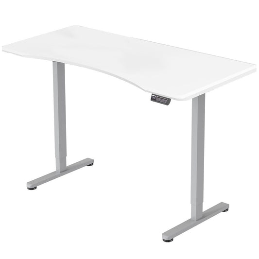 Image of fortia sit to stand up standing desk, 150x75cm, 72-118cm electric height adjustable, ergonomically curved edge, 50kg rated, white/silver frame  suitable for aged care, corporate offices, and commercial settings