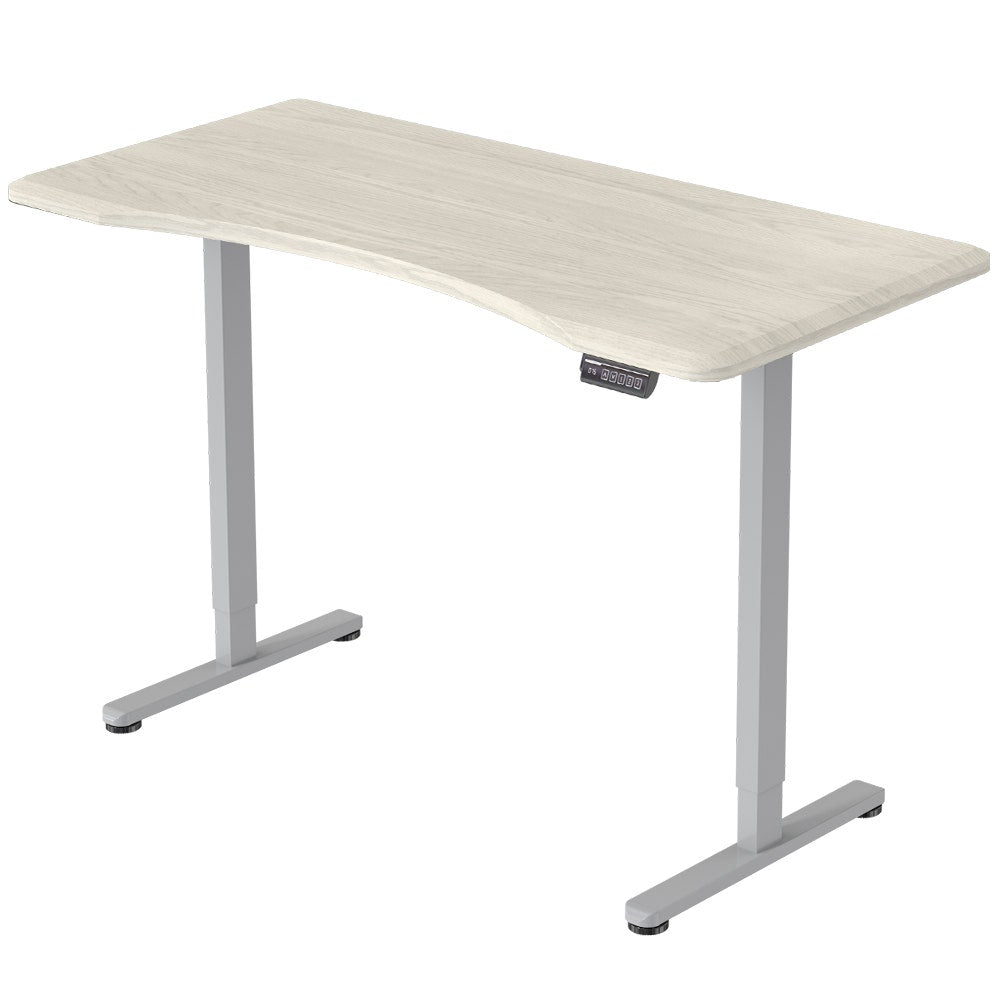 Image of fortia sit to stand up standing desk, 160x70cm, 72-118cm electric height adjustable, ergonomically curved edge, 50kg rated, white oak style/silver frame suitable for aged care, corporate offices, and commercial settings
