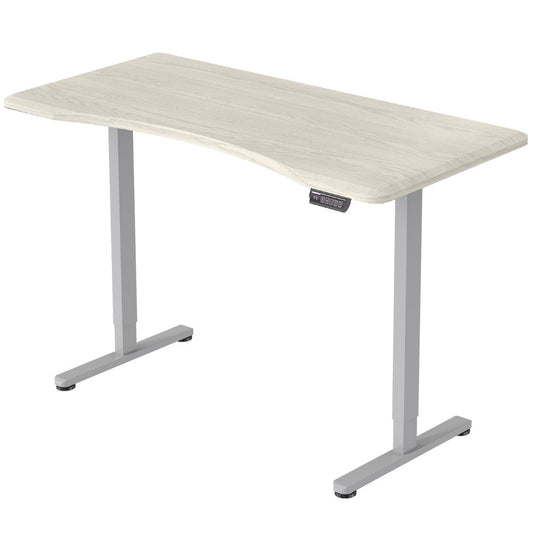 Image of fortia sit to stand up standing desk, 160x70cm, 72-118cm electric height adjustable, ergonomically curved edge, 50kg rated, white oak style/silver frame  suitable for aged care, corporate offices, and commercial settings