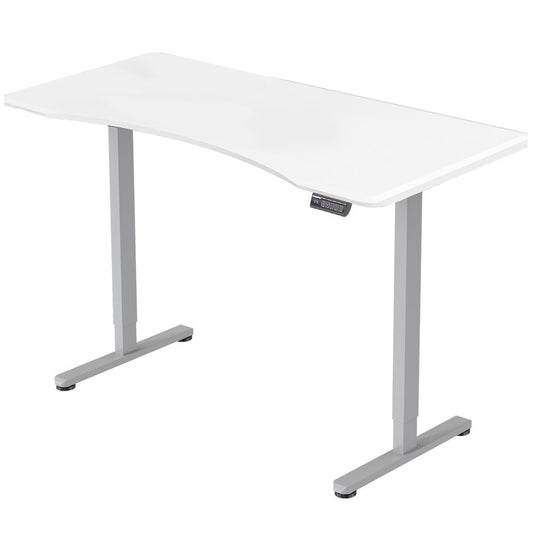 Image of fortia sit to stand up standing desk, 160x75cm, 72-118cm electric height adjustable, ergonomically curved edge, 50kg rated, white/silver frame  suitable for aged care, corporate offices, and commercial settings