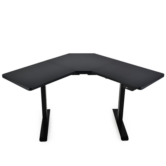 Image of fortia 98w x 98w x 48d dual-motor 80kg load adjustable electric sit to stand up corner desk - black/black frame  suitable for aged care, corporate offices, and commercial settings