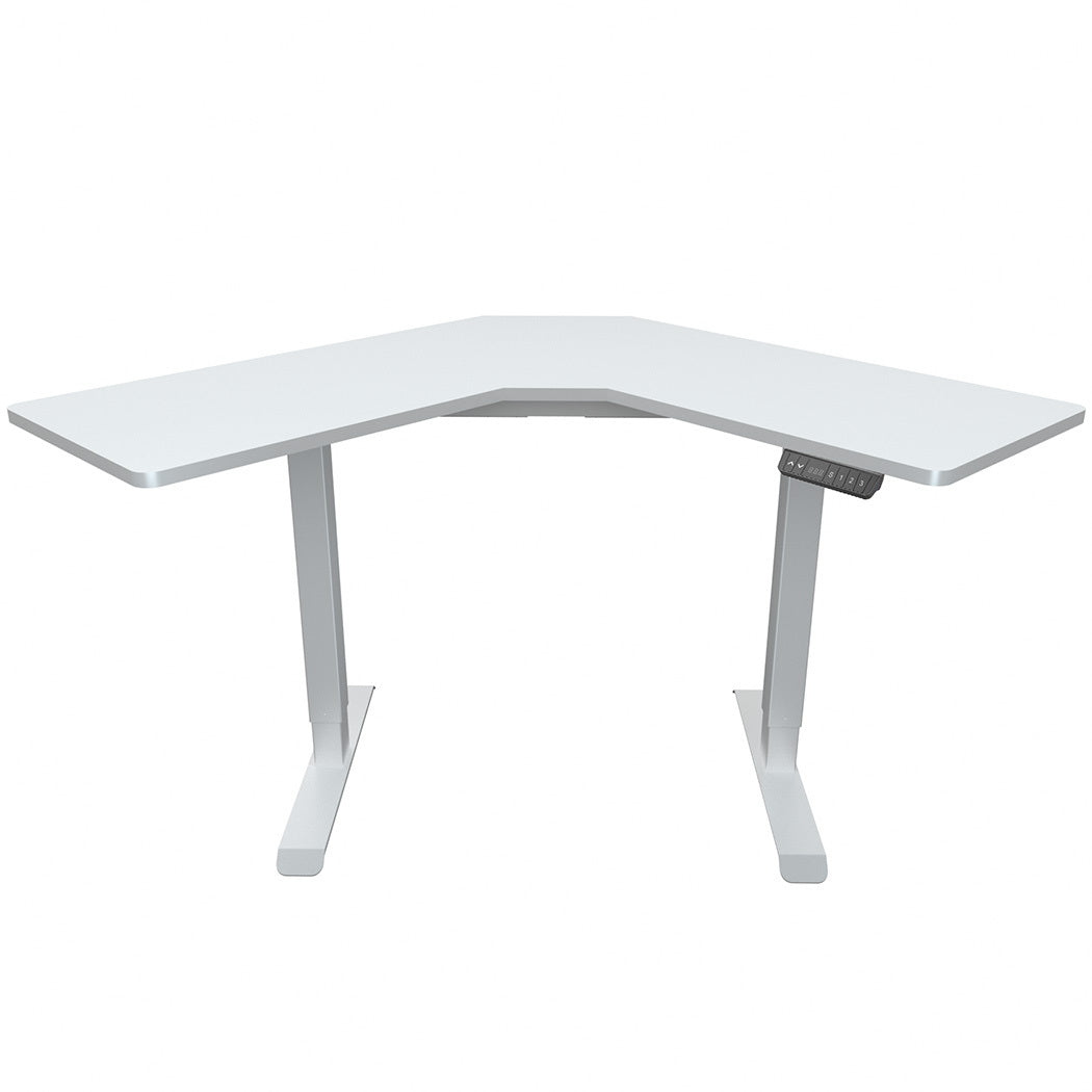 Image of fortia 98w x 98w x 48d dual-motor 80kg load adjustable electric sit to stand up corner desk - white/white frame suitable for aged care, corporate offices, and commercial settings