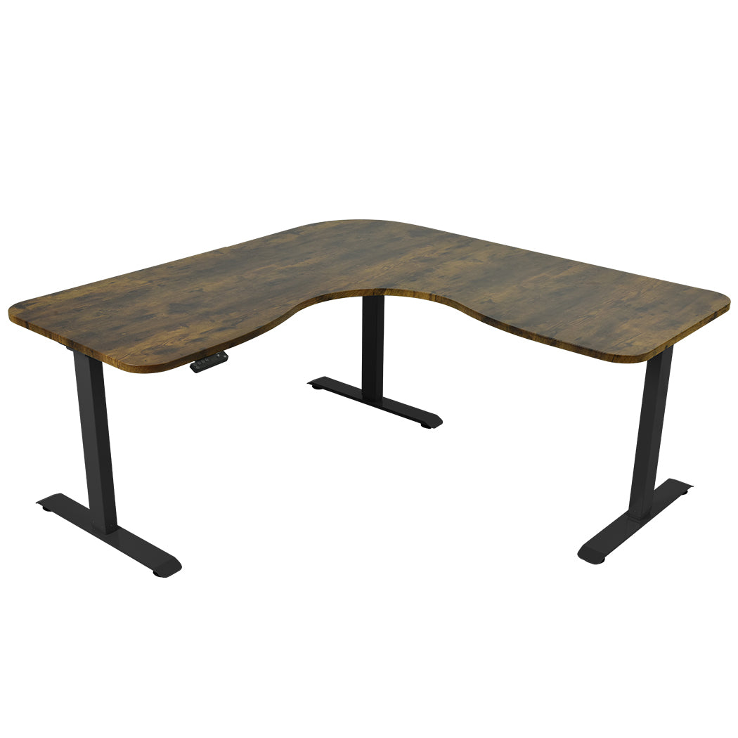 Image of fortia 173w x 173w x 75d 3-motor 120kg load adjustable electric sit to stand up corner desk - walnut/black frame suitable for aged care, corporate offices, and commercial settings
