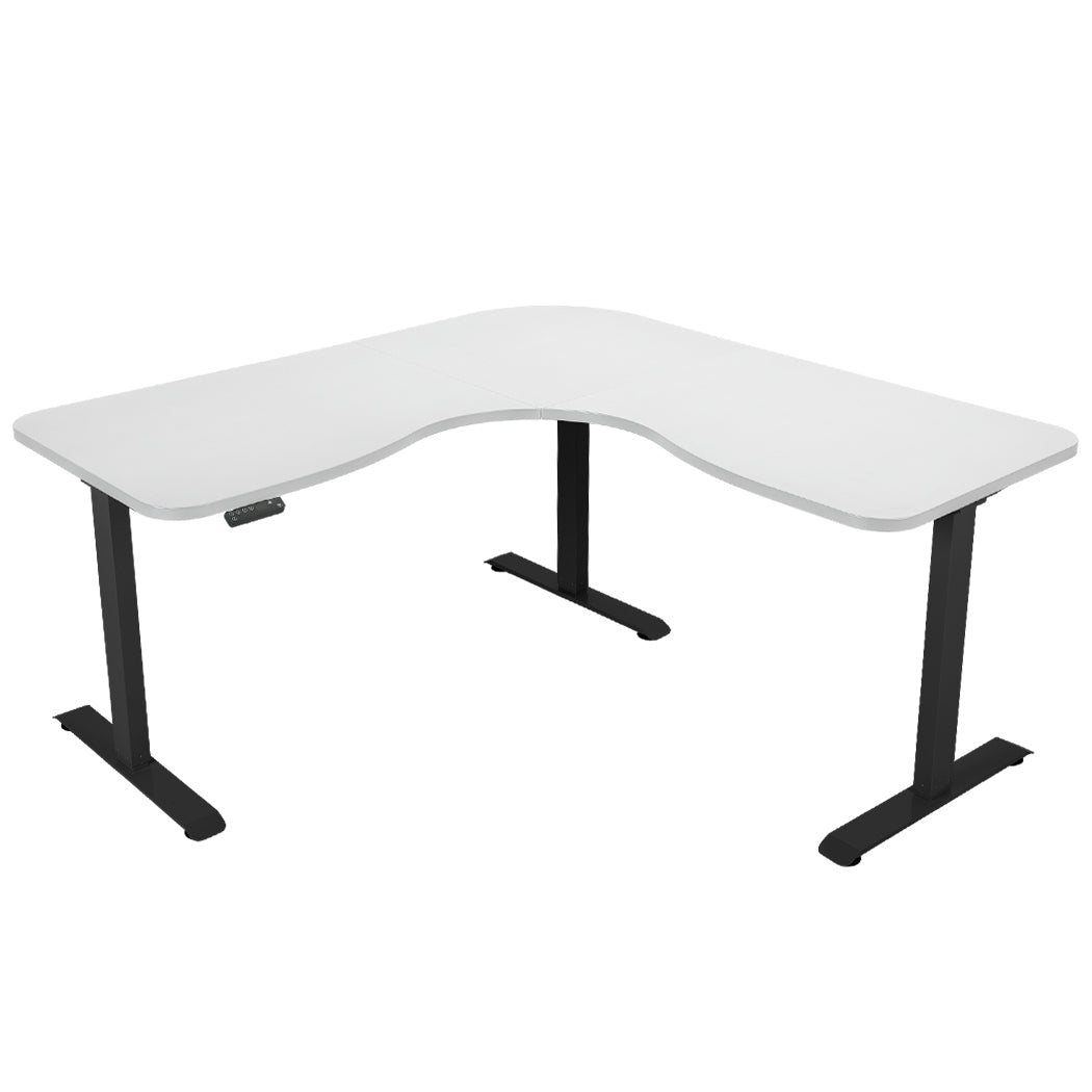 Image of fortia 173w x 173w x 75d 3-motor 120kg load adjustable electric sit to stand up corner desk - white/black frame suitable for aged care, corporate offices, and commercial settings