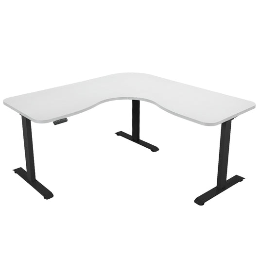 Image of fortia 173w x 173w x 75d 3-motor 120kg load adjustable electric sit to stand up corner desk - white/black frame  suitable for aged care, corporate offices, and commercial settings