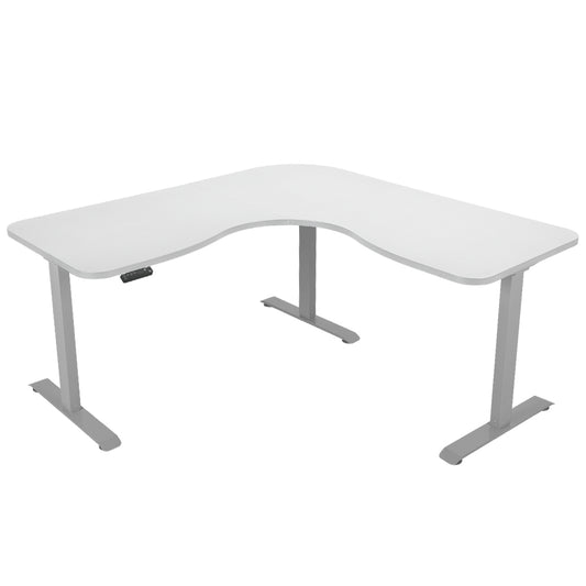 Image of fortia 173w x 173w x 75d 3-motor 120kg load adjustable electric sit to stand up corner desk - white/silver frame  suitable for aged care, corporate offices, and commercial settings