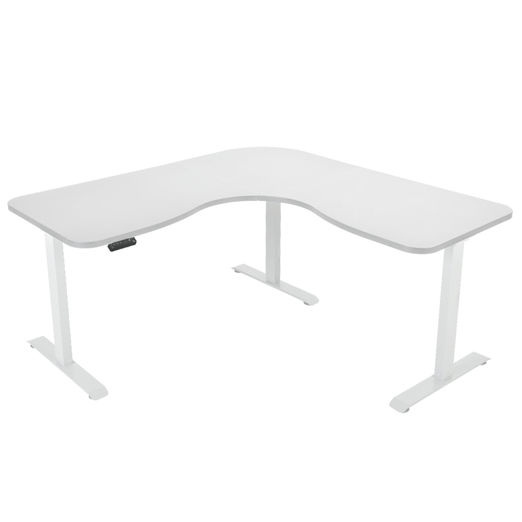 Image of fortia 173w x 173w x 75d 3-motor 120kg load adjustable electric sit to stand up corner desk - white/white frame suitable for aged care, corporate offices, and commercial settings