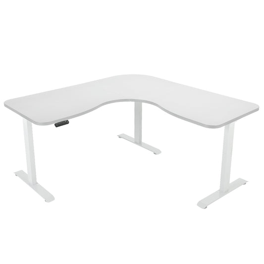 Image of fortia 173w x 173w x 75d 3-motor 120kg load adjustable electric sit to stand up corner desk - white/white frame  suitable for aged care, corporate offices, and commercial settings