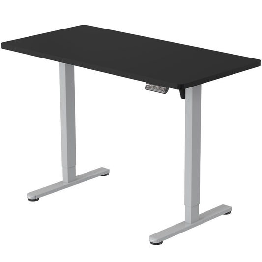 Image of fortia sit to stand up standing desk, 120x60cm, 72-118cm electric height adjustable, 40kg rated, black/silver frame  suitable for aged care, corporate offices, and commercial settings
