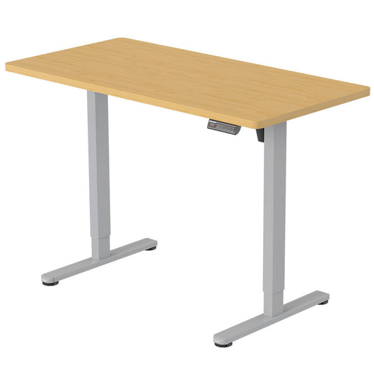 Image of fortia sit to stand up standing desk, 120x60cm, 72-118cm electric height adjustable, 40kg rated, white oak style/silver frame  suitable for aged care, corporate offices, and commercial settings