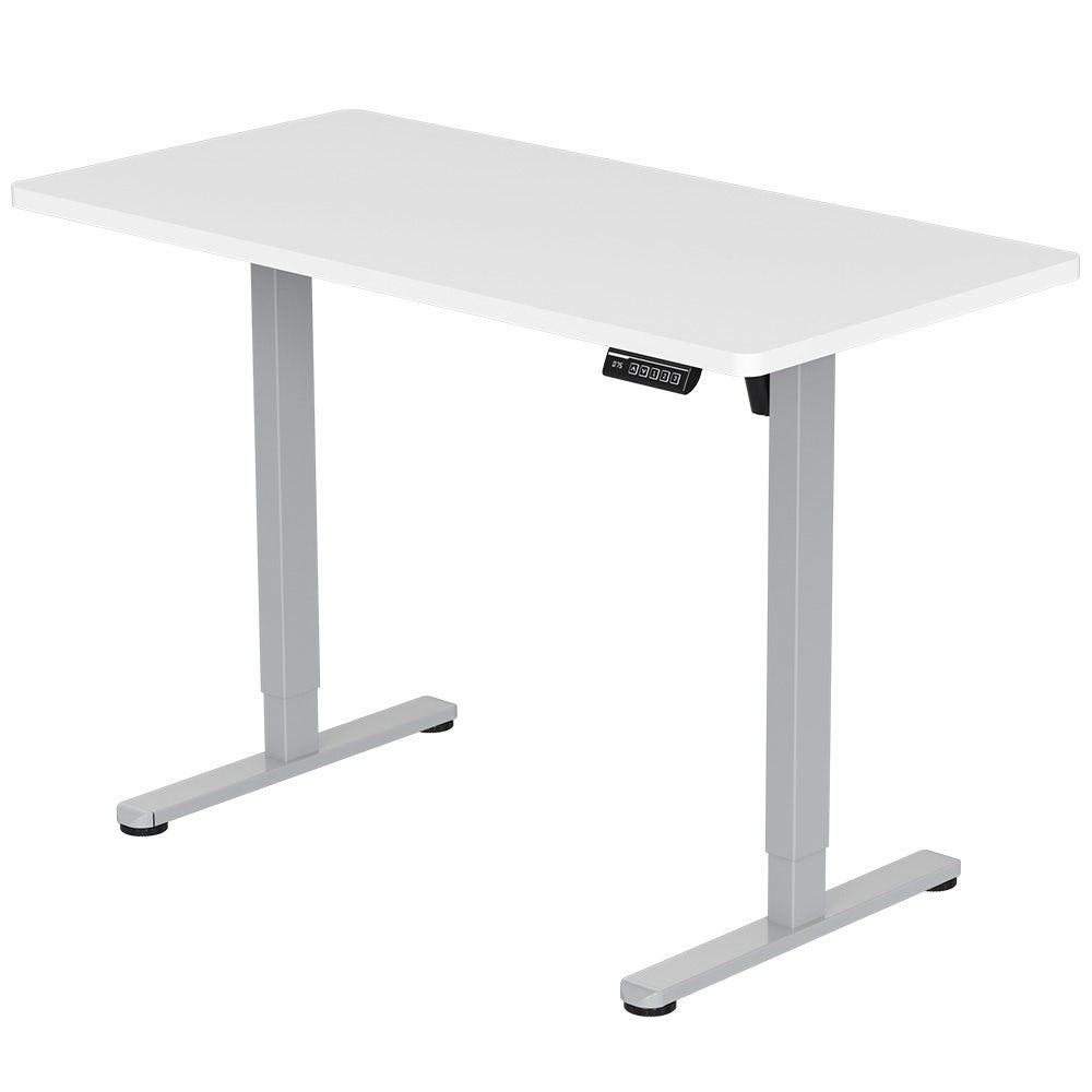 Image of fortia sit to stand up standing desk, 120x60cm, 72-118cm electric height adjustable, 40kg rated, white/silver frame suitable for aged care, corporate offices, and commercial settings