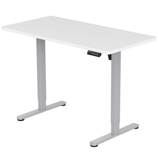 Image of fortia sit to stand up standing desk, 120x60cm, 72-118cm electric height adjustable, 40kg rated, white/silver frame  suitable for aged care, corporate offices, and commercial settings