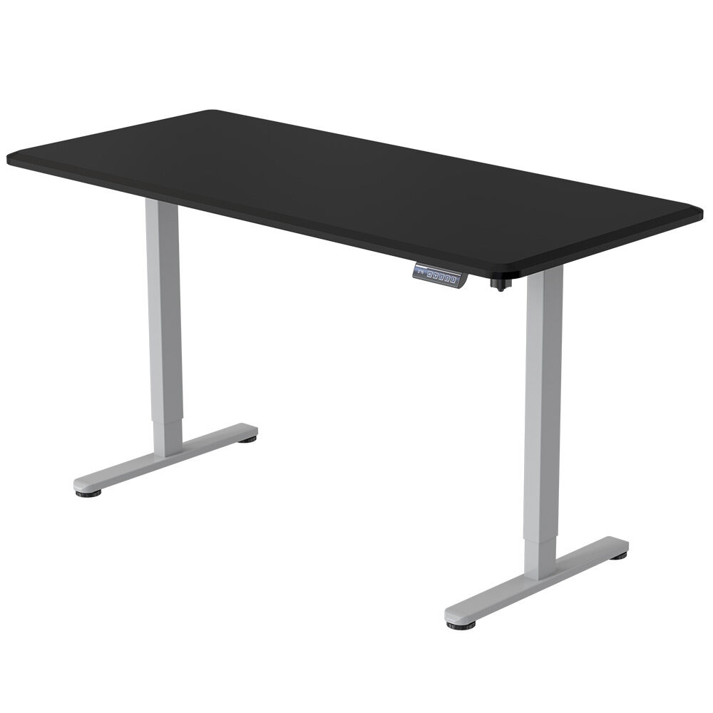 Image of fortia sit to stand up standing desk, 150x75cm, 72-118cm electric height adjustable, 50kg rated, black/silver frame suitable for aged care, corporate offices, and commercial settings
