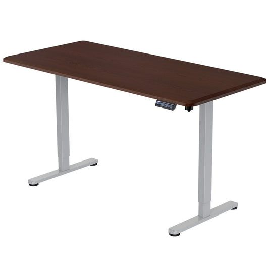 Image of fortia sit to stand up standing desk, 150x75cm, 72-118cm, height adjustable, 50kg rated, walnut style/silver frame  suitable for aged care, corporate offices, and commercial settings