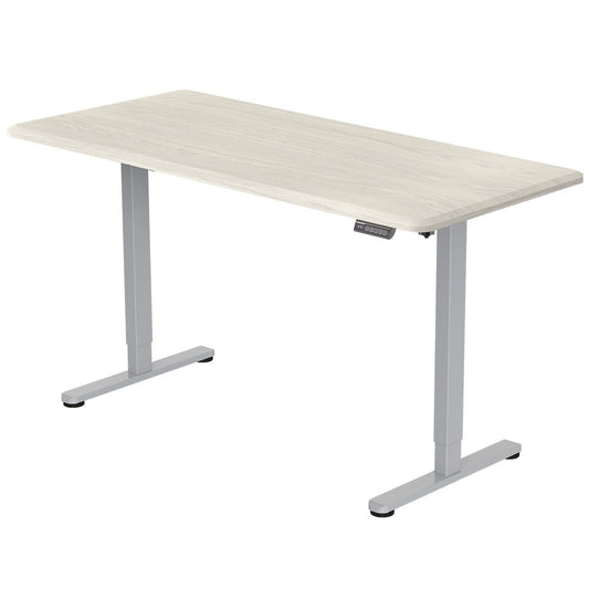 Image of fortia sit to stand up standing desk, 150x75cm, 72-118cm, height adjustable, 50kg rated, white oak style/silver frame  suitable for aged care, corporate offices, and commercial settings