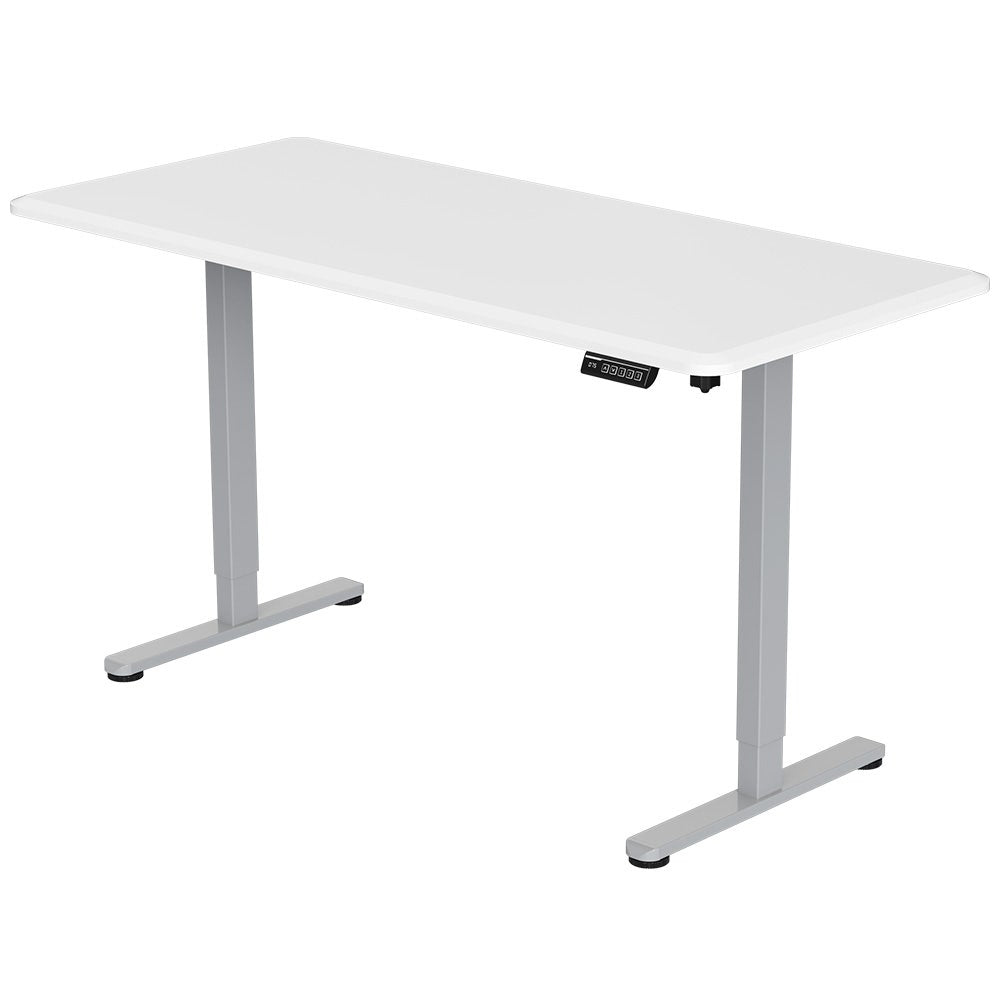 Image of fortia sit to stand up standing desk, 150x75cm, 72-118cm, height adjustable, 50kg rated, matte white/silver frame suitable for aged care, corporate offices, and commercial settings